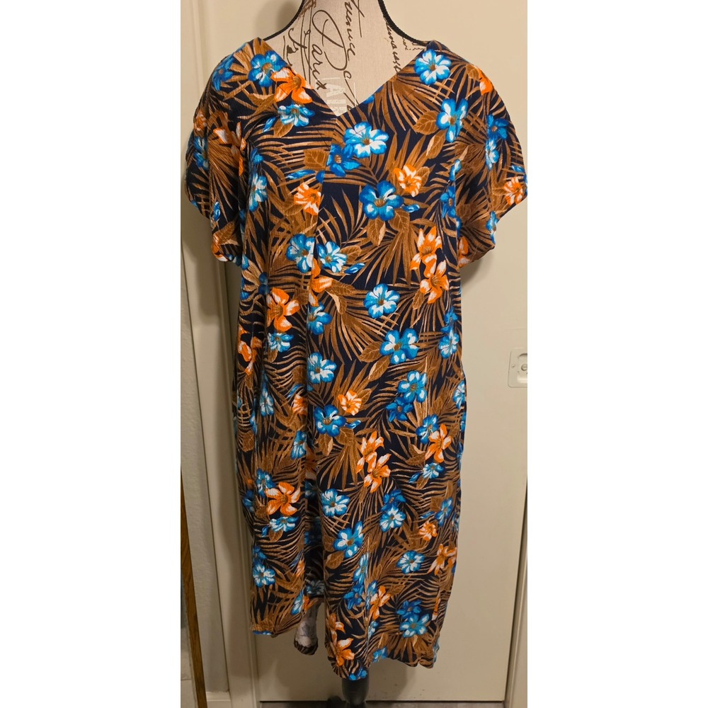 Lands End Womens Tropical Floral Palm Print V-Neck Pocket Midi Dress  L/P 14-16